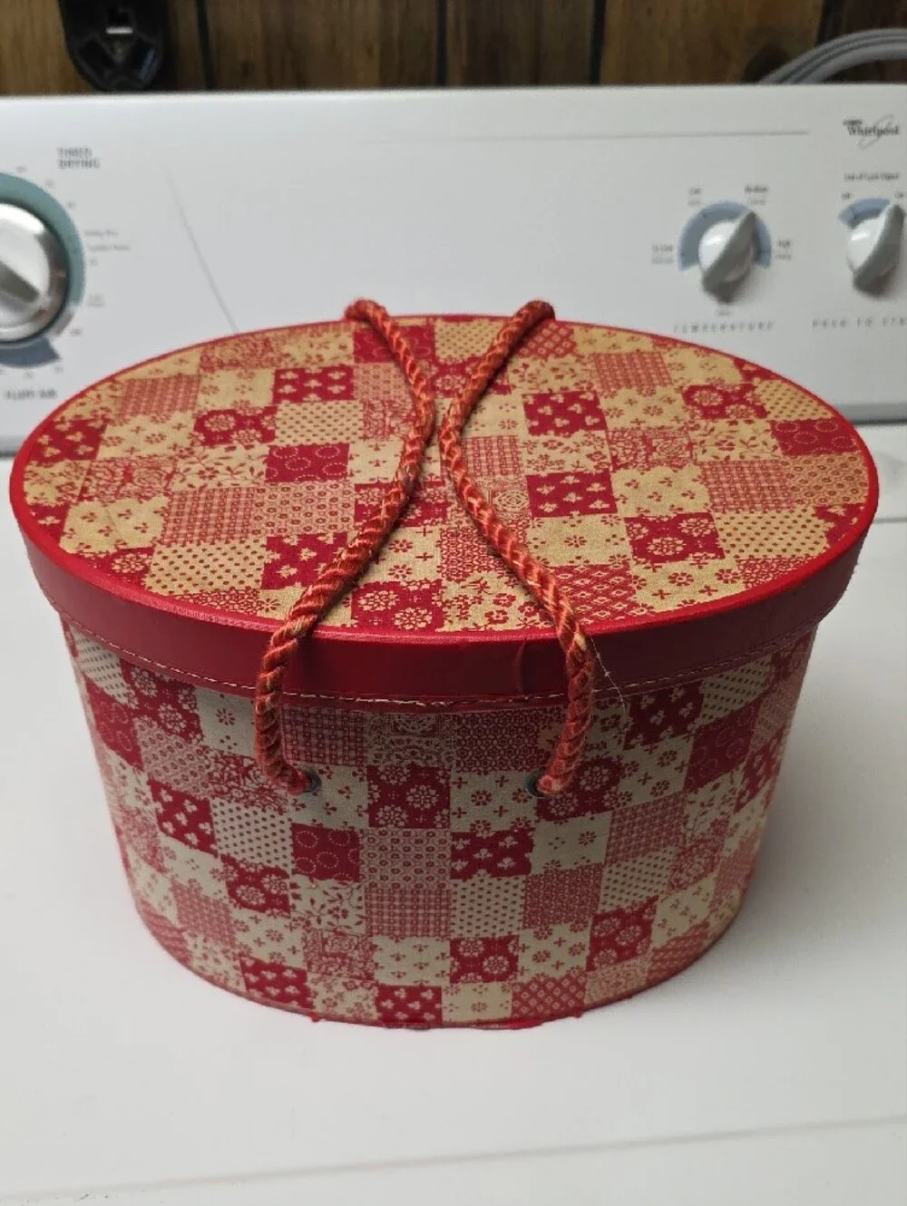 VINTAGE 50'S Large Sewing Container, Box, Storage Red Patchwork with Rope Handle